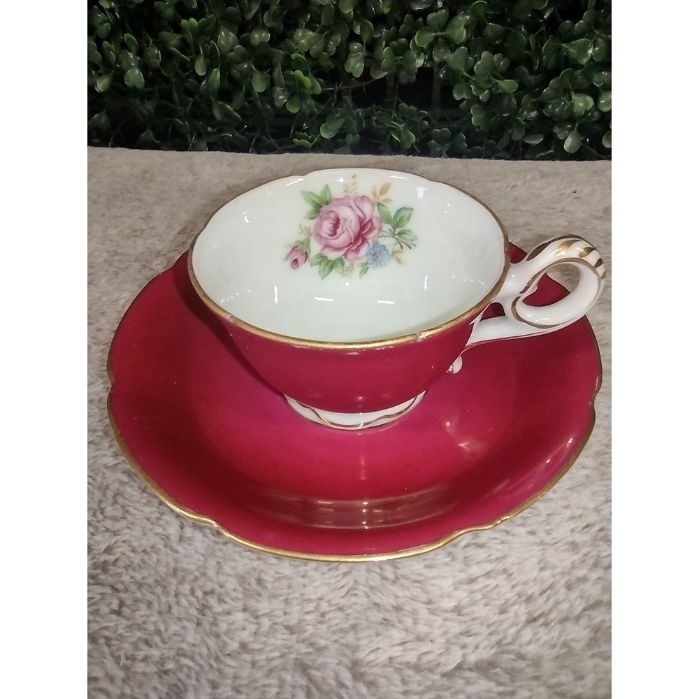 Occupied Japan Red‎ WAKO China Small Tea Cup Saucer Set Rose Floral Gold Accents